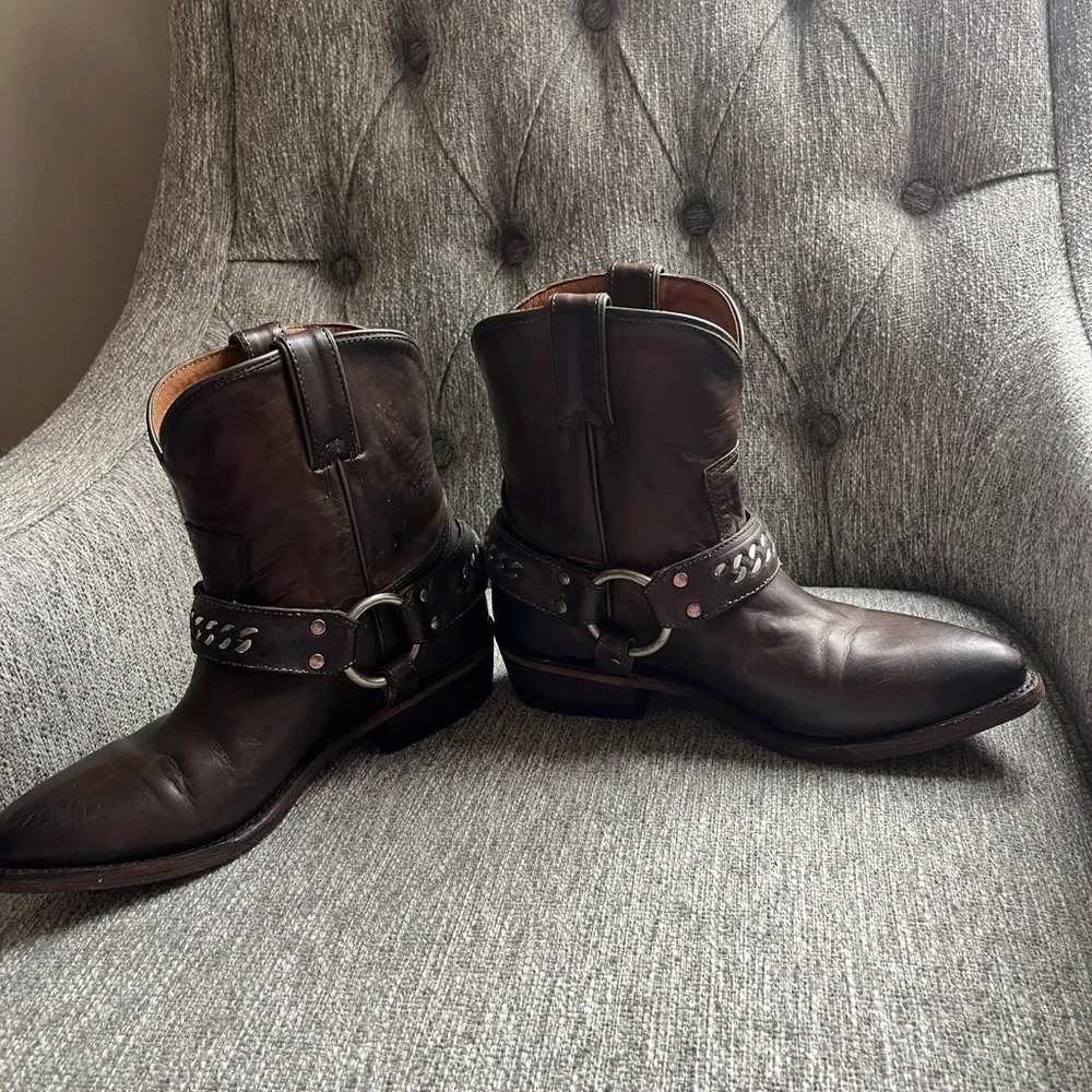 Frye Dark Brown Leather Ankle Boots with Strap Detail
